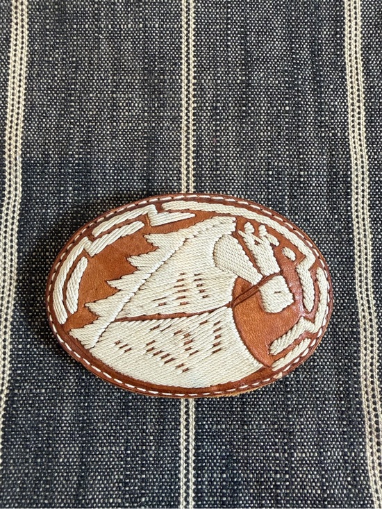 Vintage Accessories - Vintage Embroidered Horse Leather Belt Buckle Western Equestrian 4x3”